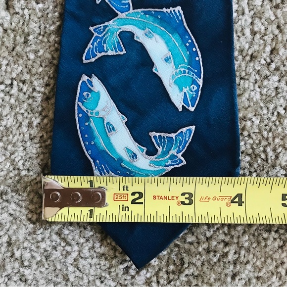 Vintage 60’s Hand Painted Signed Designer Silk Necktie Blue Silver Salmon EUC - Picture 11 of 11